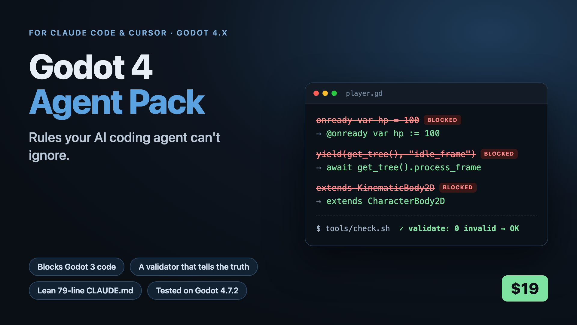 Godot 4 Agent Pack: blocks Godot 3 code and validates every edit